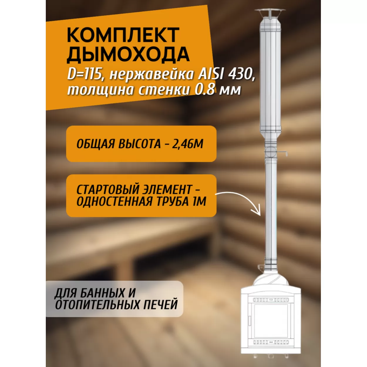 комплект дымохода 115 для банной и отопительной печи, нержавейка aisi 430, 0.8 мм, 2.46 метра с метровой одностенной