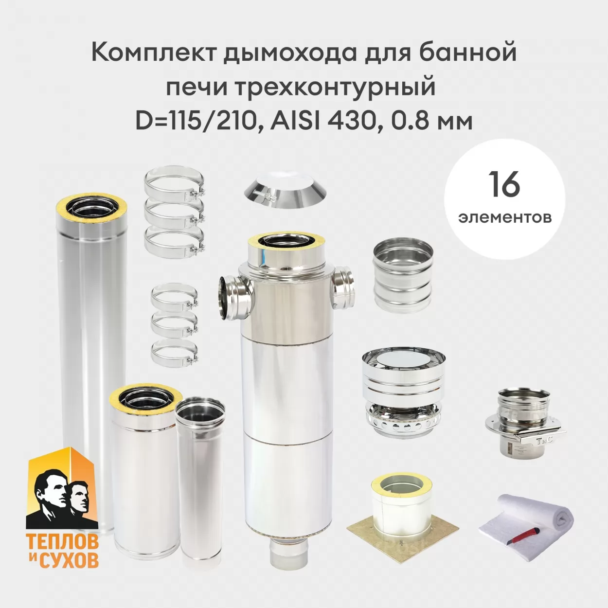 комплект дымохода для банной печи, трехконтурный d=115/210, aisi 430, 0.8 мм (тис)